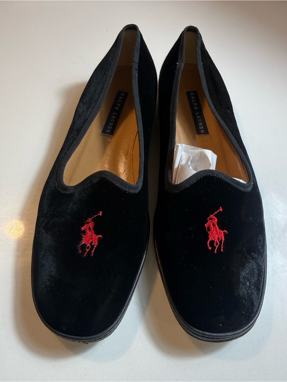 Ralph Lauren Black Velvet Smoking Slippers Loafers Red Pony Made in Italy Sz8.5B